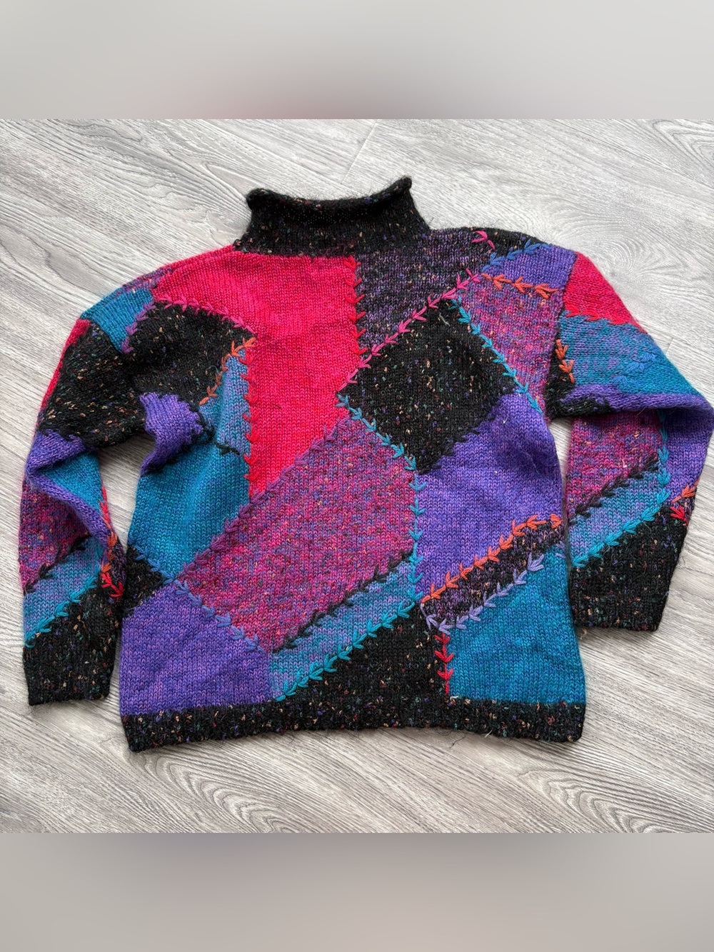 Vintage Segrets Sun Prints Mohair Blend Patchwork Mock Neck Sweater M Chunky - Picture 8 of 14